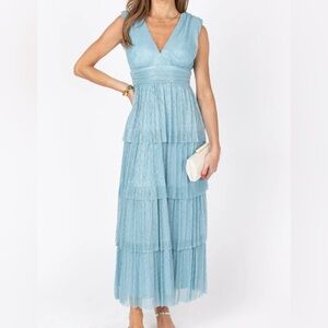Avara Natalie Shimmery Light Blue Tiered Midi dress